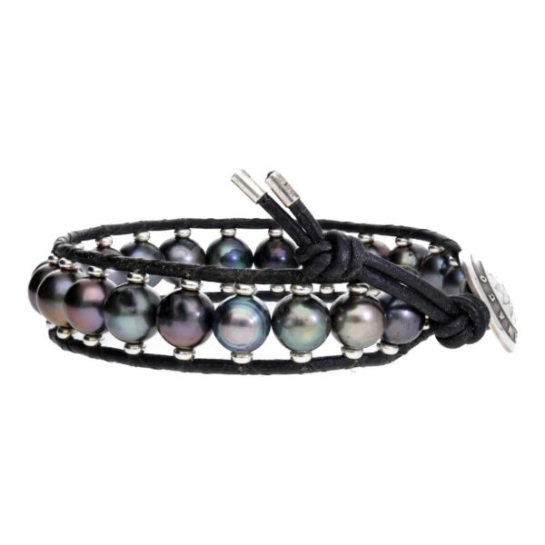 Armband Supreme Classic B9 – Zwarte Parels – vintage leder – Sterling Zilver