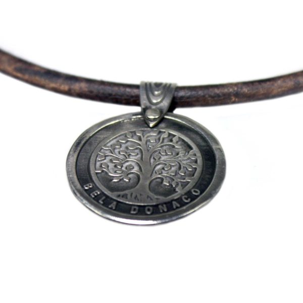 Set – Bohemian vintage ledere ketting / armband met 3 x Tree of life hanger – Sterling Zilver – Koper – Messing