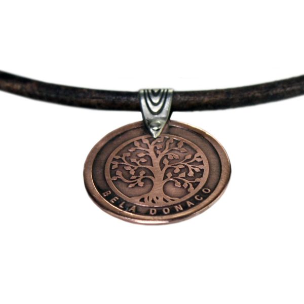 Set – Bohemian vintage ledere ketting / armband met 3 x Tree of life hanger – Sterling Zilver – Koper – Messing