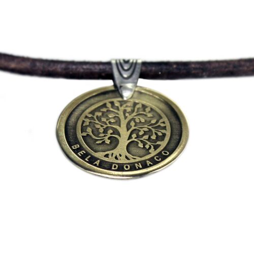 Set – Bohemian vintage ledere ketting / armband met 3 x Tree of life hanger – Sterling Zilver – Koper – Messing