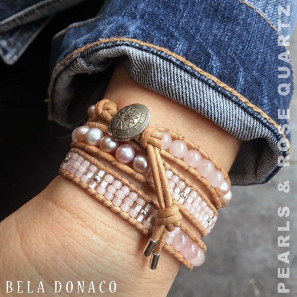 Wikkelarmband Classic B6 – orchid Parels – Rozenkwarts – Tsjechisch glas – naturel Leer – Sterling Zilver