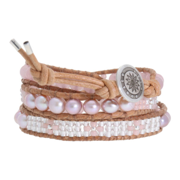 Wikkelarmband Classic B6 – orchid Parels – Rozenkwarts – Tsjechisch glas – naturel Leer – Sterling Zilver