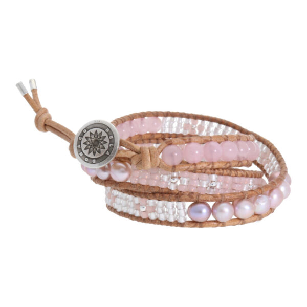 Wikkelarmband Classic B6 – orchid Parels – Rozenkwarts – Tsjechisch glas – naturel Leer – Sterling Zilver