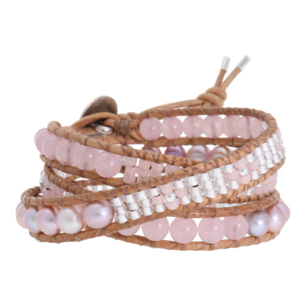 Wikkelarmband Classic B6 – orchid Parels – Rozenkwarts – Tsjechisch glas – naturel Leer – Sterling Zilver