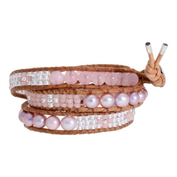 Wikkelarmband Classic B6 – orchid Parels – Rozenkwarts – Tsjechisch glas – naturel Leer – Sterling Zilver