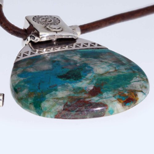 Ketting en hanger Unica – Hopi symbool –  Chrysocolla Arizona – Sterling Zilver