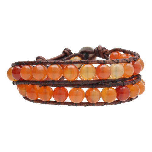 Wikkelarmband Classic B8 – Natuurlijke Carneool – Old School Leder – Sterling Zilver