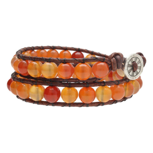 Wikkelarmband Classic B8 – Natuurlijke Carneool – Old School Leder – Sterling Zilver