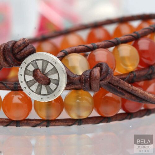 Wikkelarmband Classic B8 – Natuurlijke Carneool – Old School Leder – Sterling Zilver