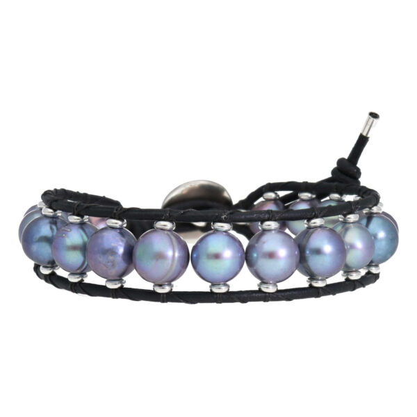 Armband Supreme Classic B9 – Grijze Parels – vintage leder – Sterling Zilver
