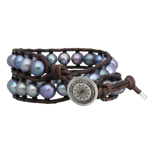 Wikkelarmband Supreme Classic B9 – Grijze Parels – vintage leder – Sterling Zilver