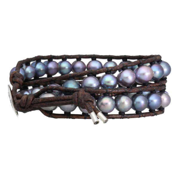 Wikkelarmband Supreme Classic B9 – Grijze Parels – vintage leder – Sterling Zilver