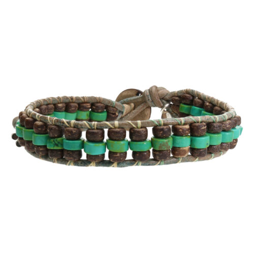 Armband Bohemian B6 x 3 – Hubei Turquoise – kokos – groen vintage leer