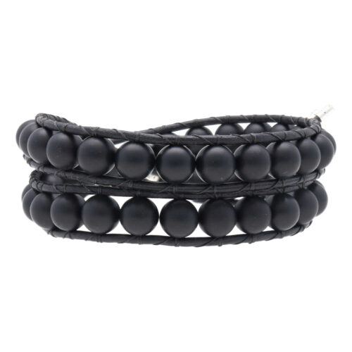 Wikkelarmband Classic B8 – mat Onyx – zwart leer – Sterling Zilver