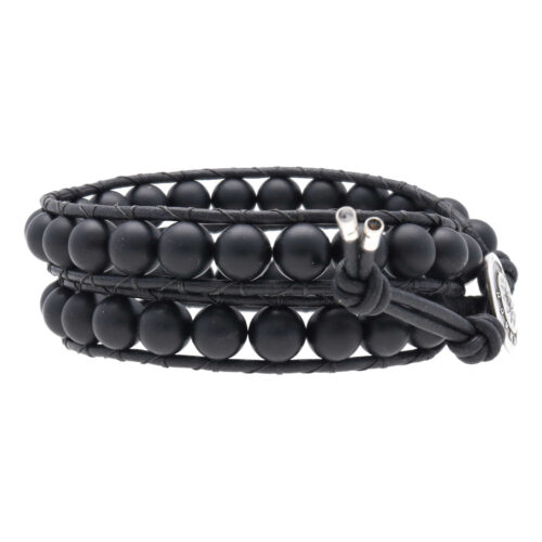 Wikkelarmband Classic B8 – mat Onyx – zwart leer – Sterling Zilver