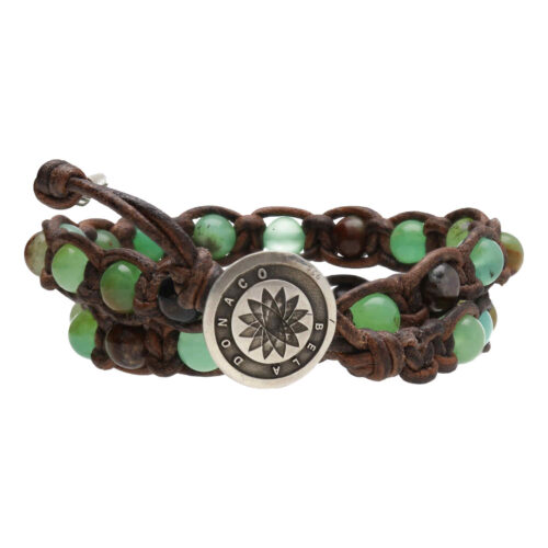 Wikkelarmband Classic B6 – Chrysopraas – vintage bruin Leer – Sterling Zilver