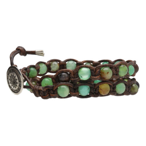 Wikkelarmband Classic B6 – Chrysopraas – vintage bruin Leer – Sterling Zilver