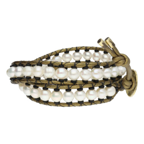 Wikkelarmband Classic B6 – Witte Parels –  brons gecoated vintage Leer – Messing