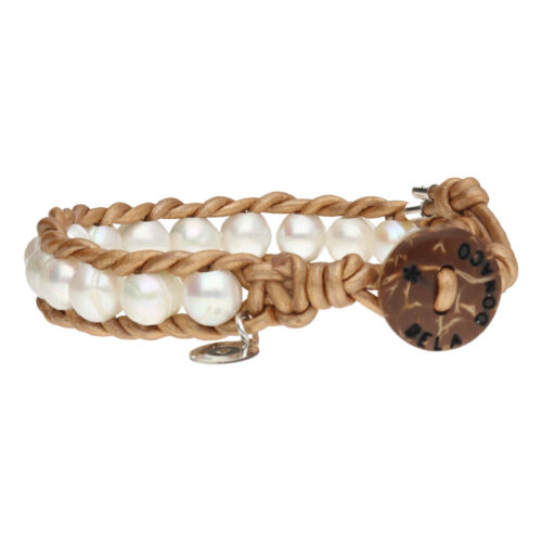 Armband Classic B8 – witte Parels – rose goud gecoated vintage Leer