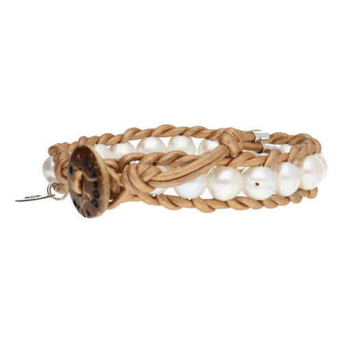 Armband Classic B8 – witte Parels – rose goud gecoated vintage Leer