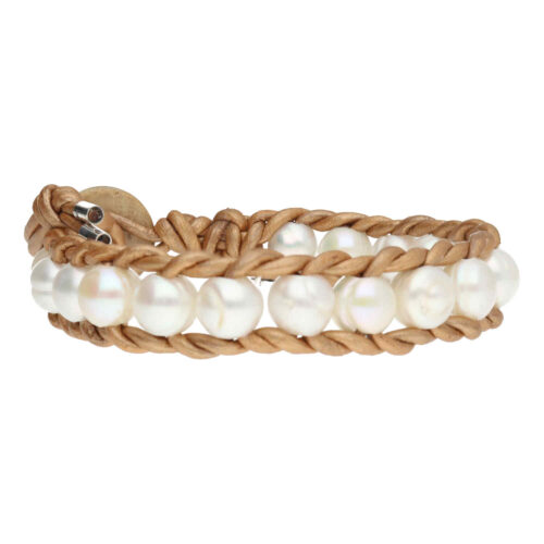 Armband Classic B8 – witte Parels – rose goud gecoated vintage Leer