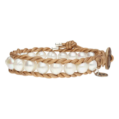 Armband Classic B8 – witte Parels – rose goud gecoated vintage Leer