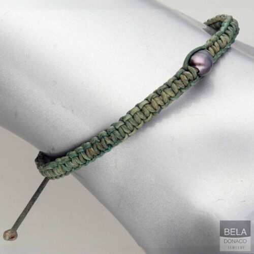 Heren enkelband Classic B8 – Zwarte Parel – groen vintage leder macrame