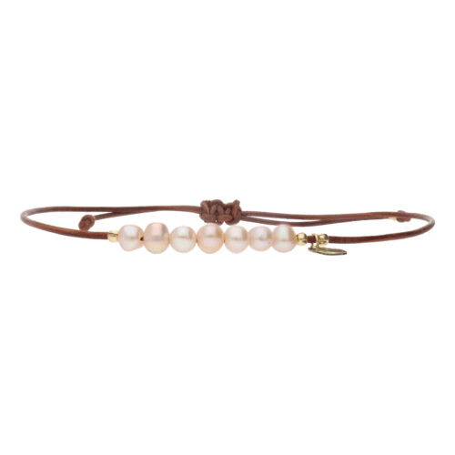 Enkelbandje Basic B6 – Orchid Parels – old School leer – 24K Verguld Sterling Zilver