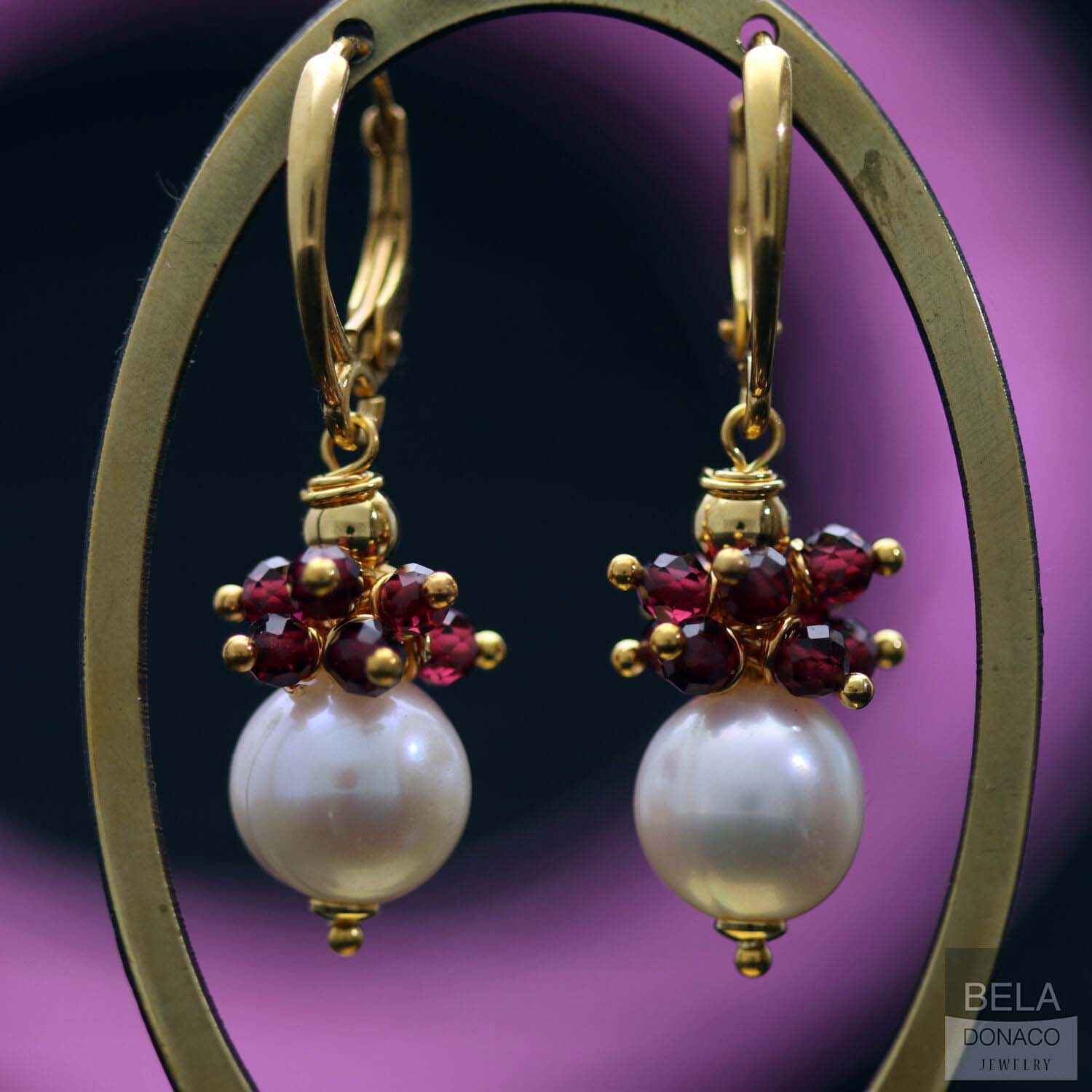 Oorbellen Parel Wrap Wire B10 - 24K Verguld Sterling Zilver - Parels - Granaat