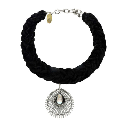 Gevlochten zwarte – Elegante Halsketting en Oorbellen met Parels – Statement