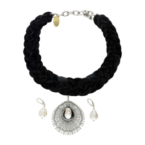 Gevlochten zwarte – Elegante Halsketting en Oorbellen met Parels – Statement