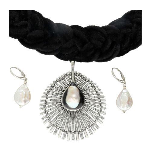Gevlochten zwarte – Elegante Halsketting en Oorbellen met Parels – Statement