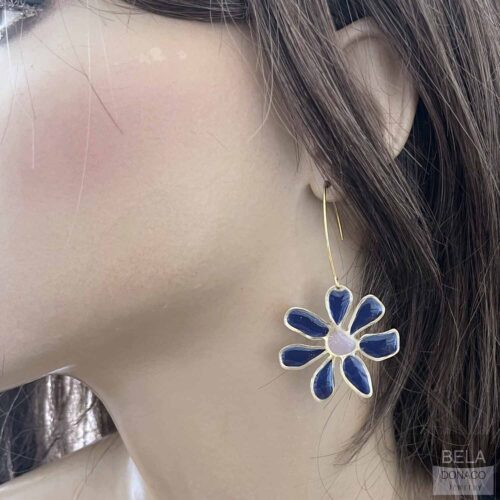 Oorbellen – Resin Art – Messing – Blauwe bloemen