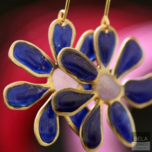 Oorbellen – Resin Art – Messing – Blauwe bloemen