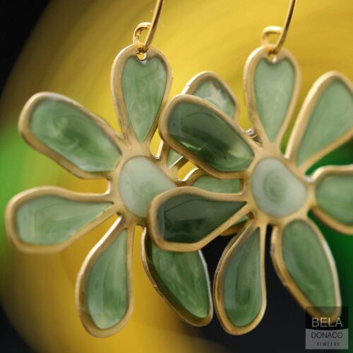Oorbellen – Resin Art – Messing – Groene bloemen