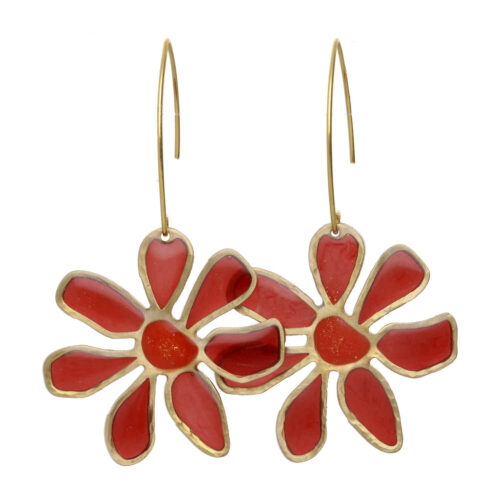 Oorbellen - Resin Art - Messing - Rode bloemen