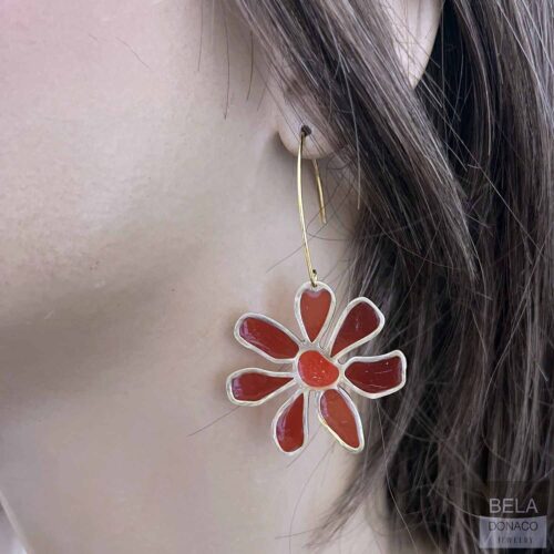 Oorbellen – Resin Art – Messing – Rode bloemen