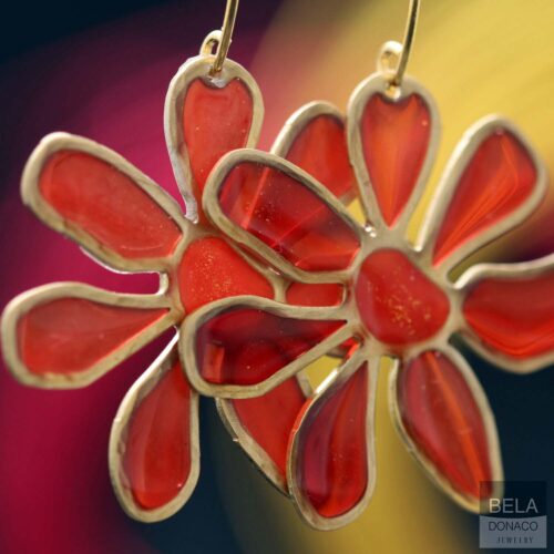 Oorbellen – Resin Art – Messing – Rode bloemen