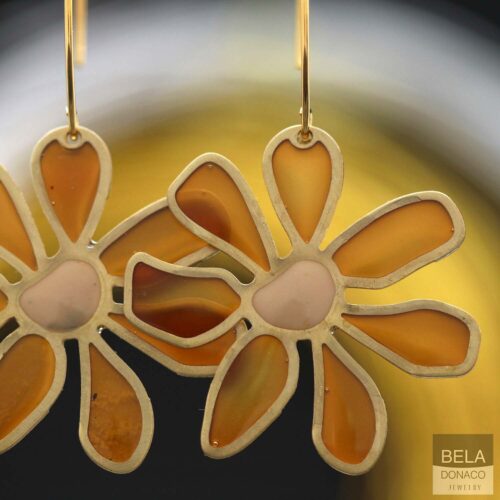 Oorbellen – Resin Art – Messing – Bruine bloemen