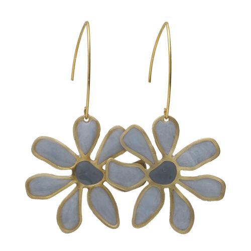 Oorbellen – Resin Art – Messing – Grijs Blauwe bloemen