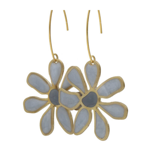 Oorbellen – Resin Art – Messing – Grijs Blauwe bloemen